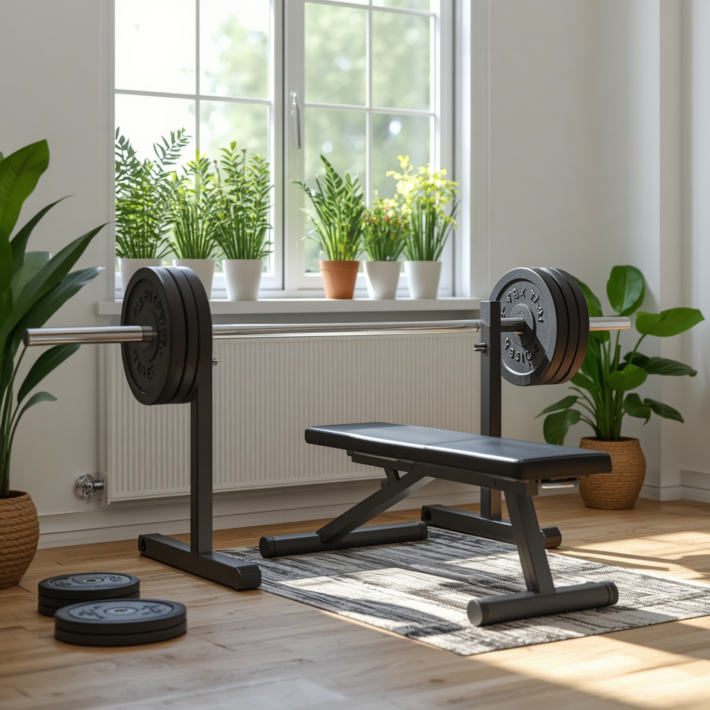 A bright home workout space with barbell weight plates and adjustable bench near a large window with plants - generated by Nano Banana2